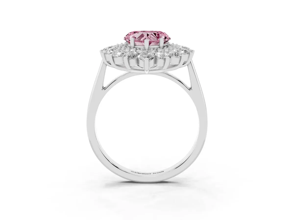 Fancy Pink Heart Cut Diamond Floral Double Halo Engagement Ring with Prong Setting Silver