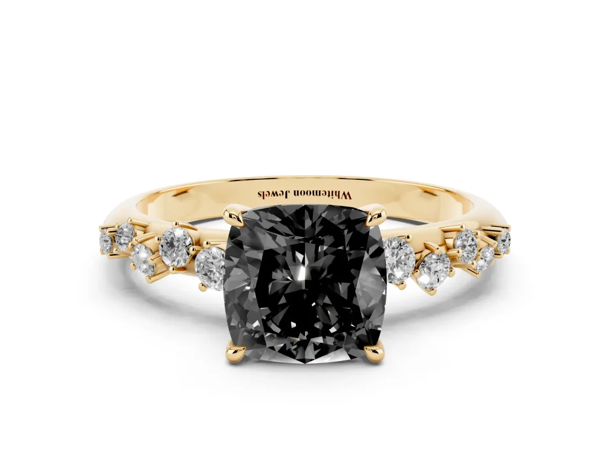 Fancy Black Cushion Cut Diamond Cluster Side Stone Solitaire Ring with Prong Setting Yellow gold