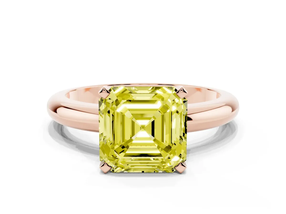 Fancy Yellow Asscher Cut Diamond Solitaire Engagement Ring with Round Band and Four-Prong Setting Rose gold