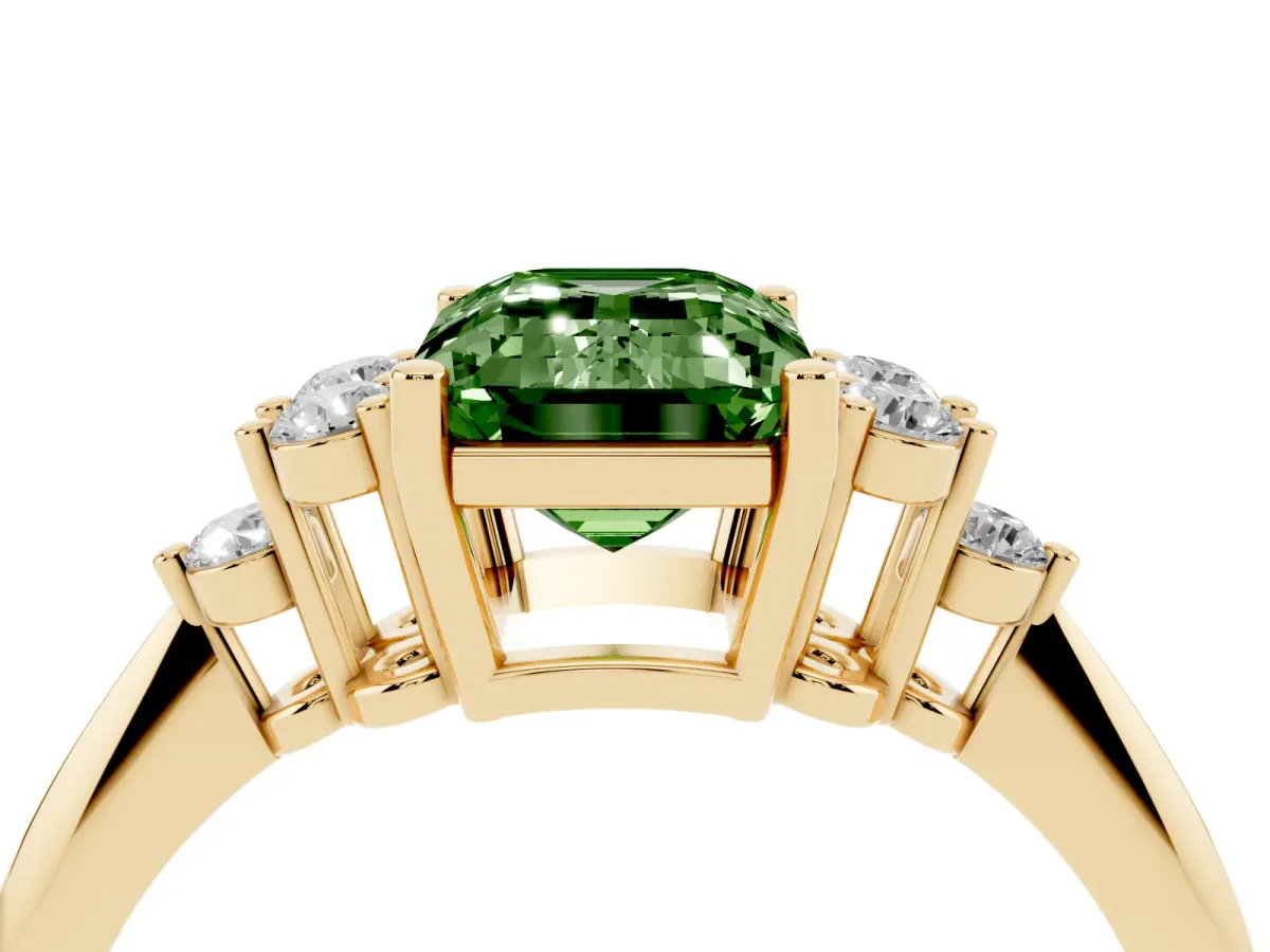 Fancy Green Emerald Cut Cut Diamond Cluster Ring with Solitaire Band and Four-Prong Setting Yellow gold
