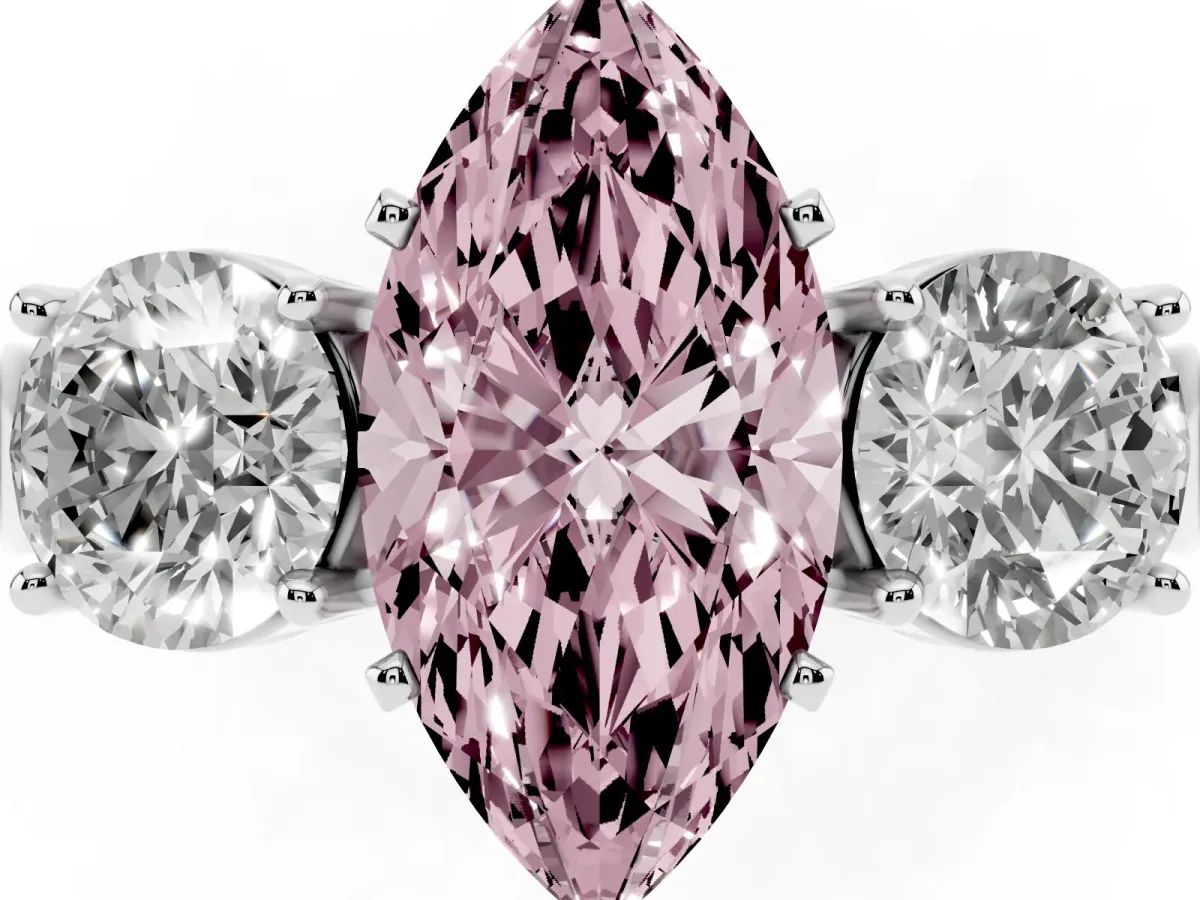 Fancy Pink Three-Stone Marquise Cut Diamond Ring with Round Side Stones, Classic Band, and Four-Prong Setting Platinum
