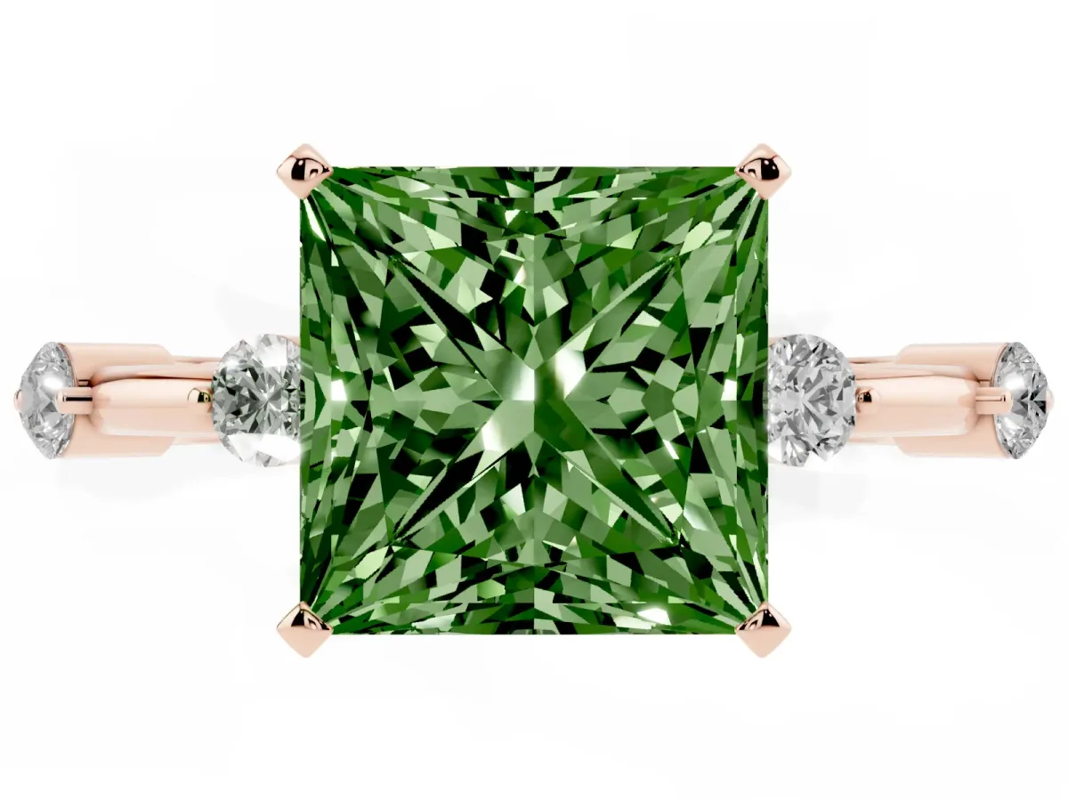 Fancy Green Princess Cut Solitaire Diamond Ring with Bezel Set Side Stones and Prong Setting Rose gold