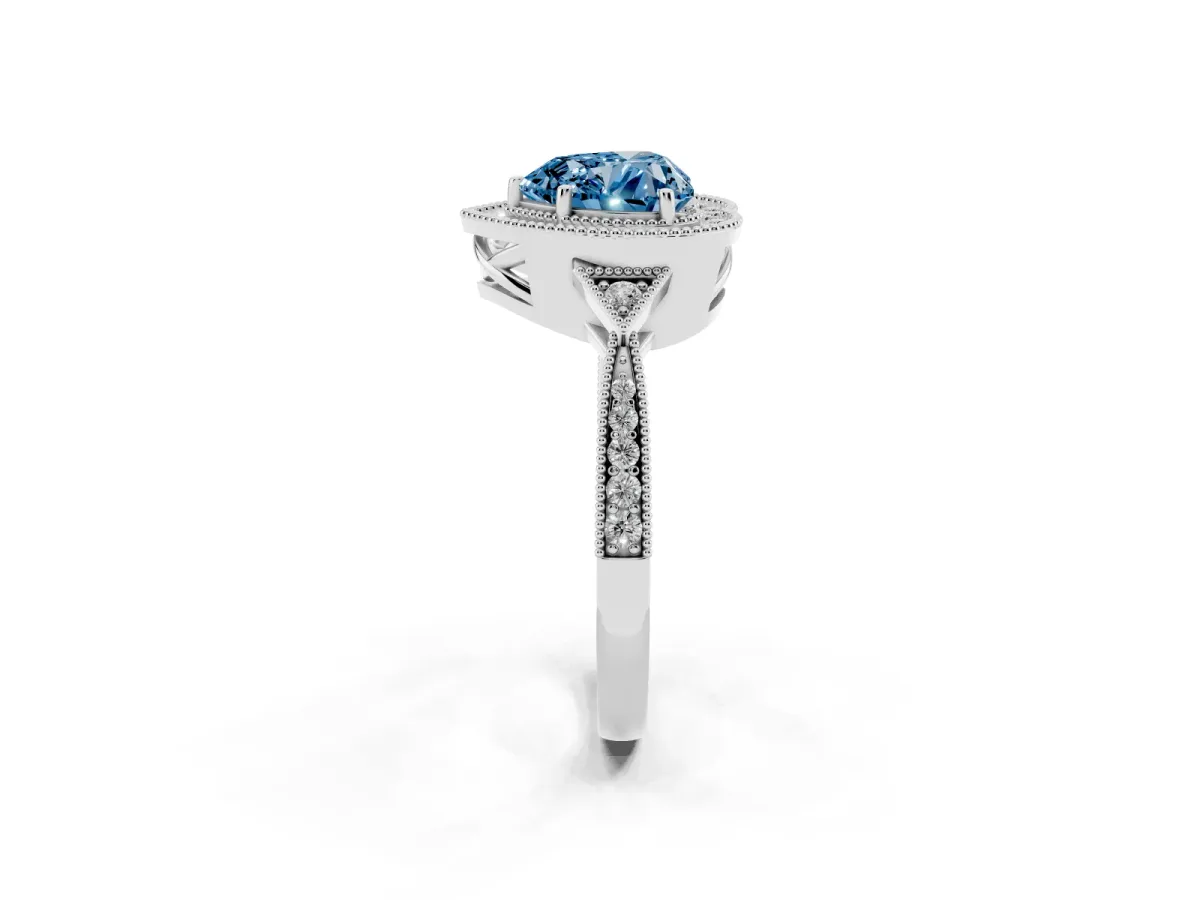 Fancy Blue Heart Cut Halo Round Diamond Milgrain Pave Engagement Ring White gold