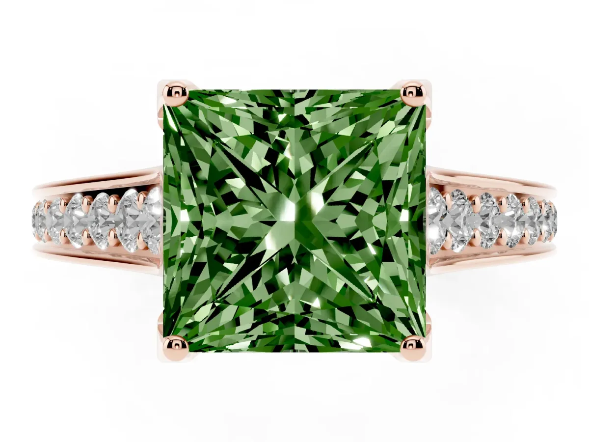 Fancy Green Princess Cut Brilliant Cut Diamond Engagement Ring with Pavé Band and Four-Prong Setting Rose gold