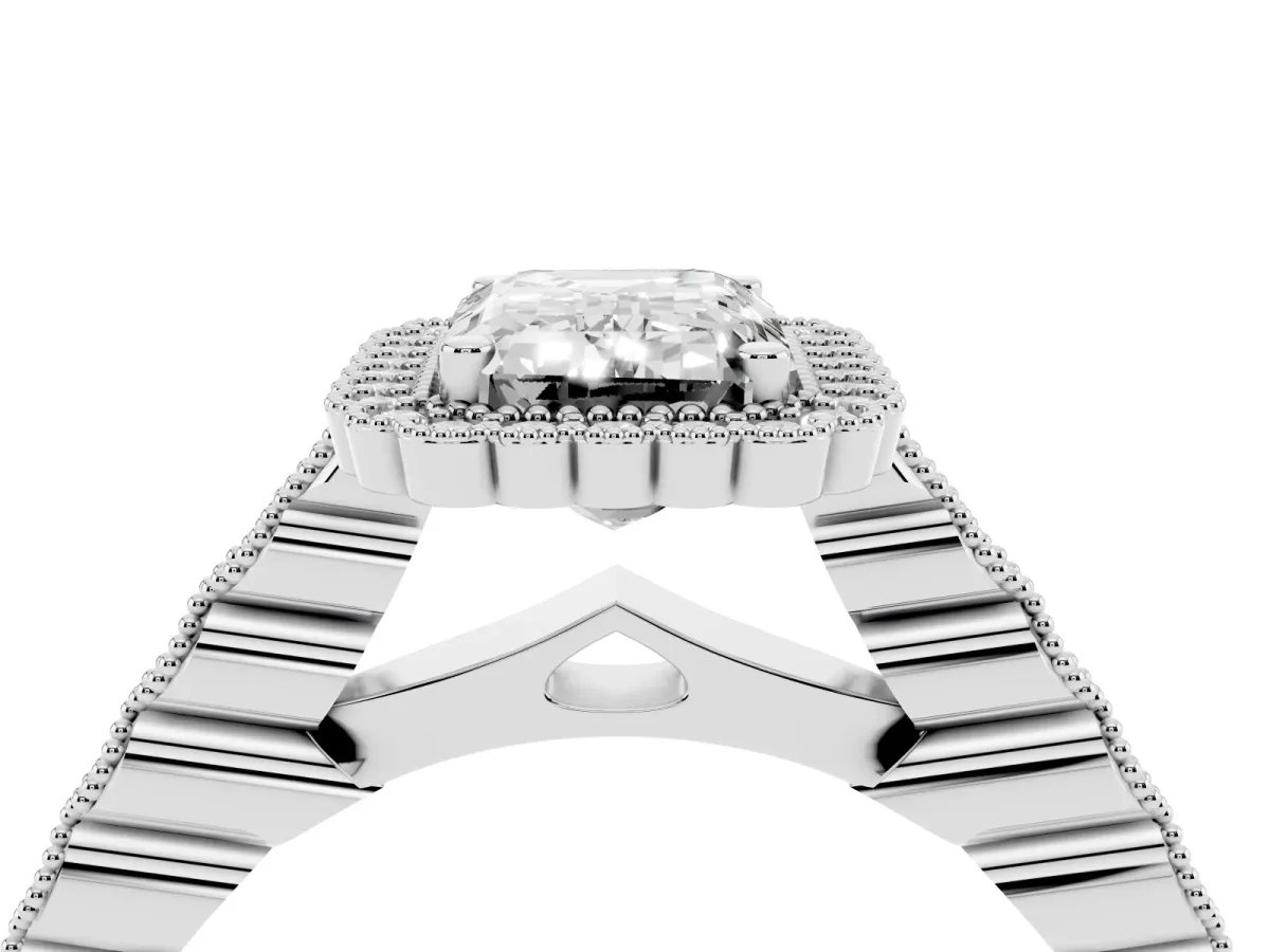 Emerald Cut Cut Halo Pavé Solitaire Ring with Milgrain Band Platinum