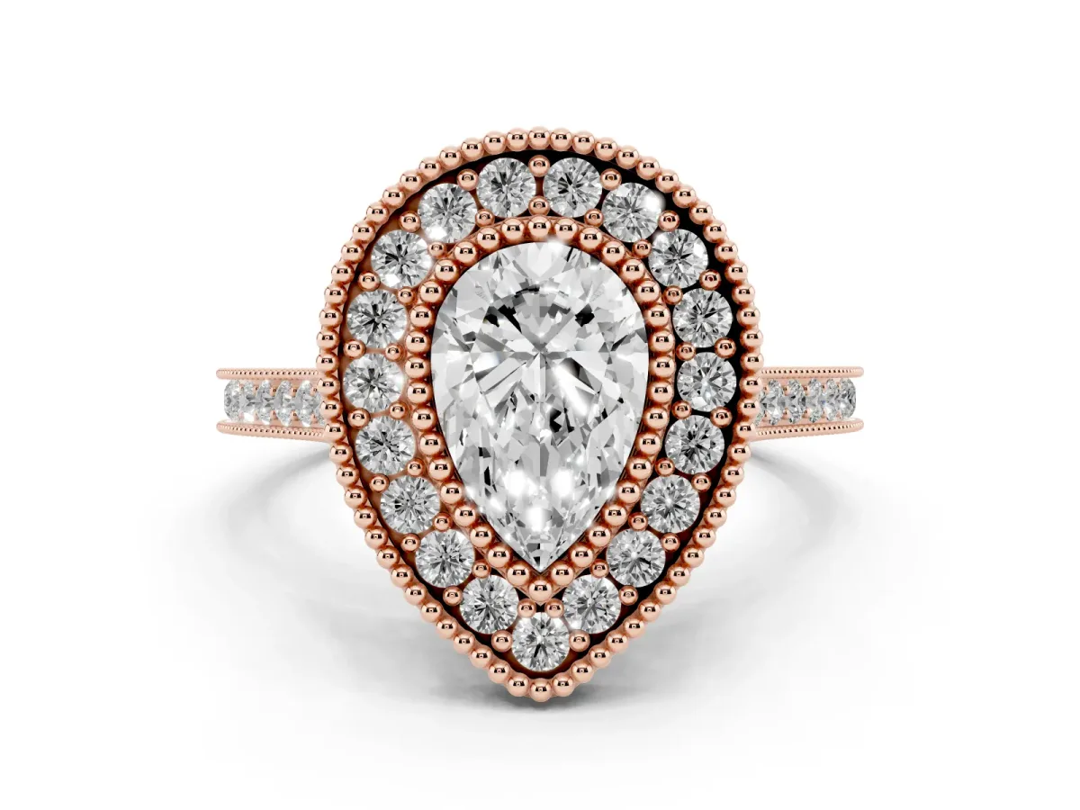 Pear Cut Diamond Halo Ring with Milgrain Frame and Pavé Band Rose gold