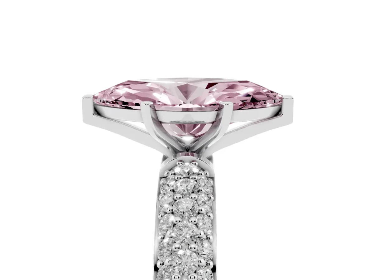 Fancy Pink Marquise Cut Diamond Solitaire Ring with Prong Setting and Pavé Band Silver