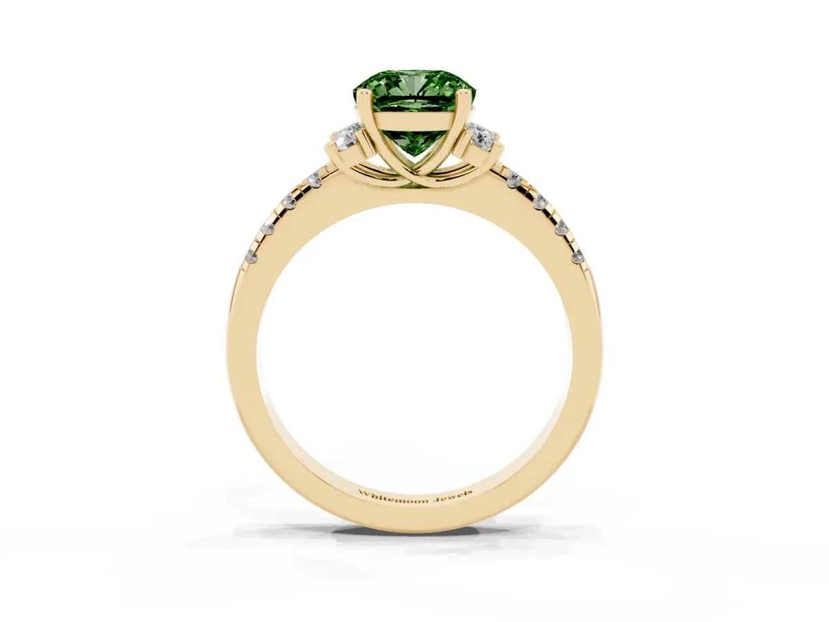 Fancy Green Cushion Cut Diamond Three-Stone Pave Band with Four-Prong Setting Yellow gold