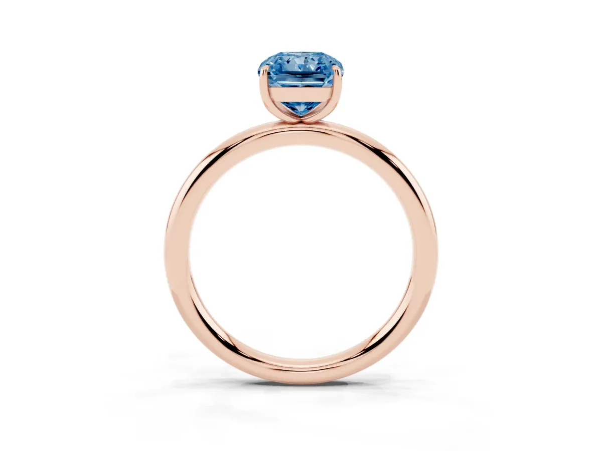 Fancy Blue Radiant Cut Solitaire Diamond Ring with Four-Prong Setting on a Plain Band Rose gold