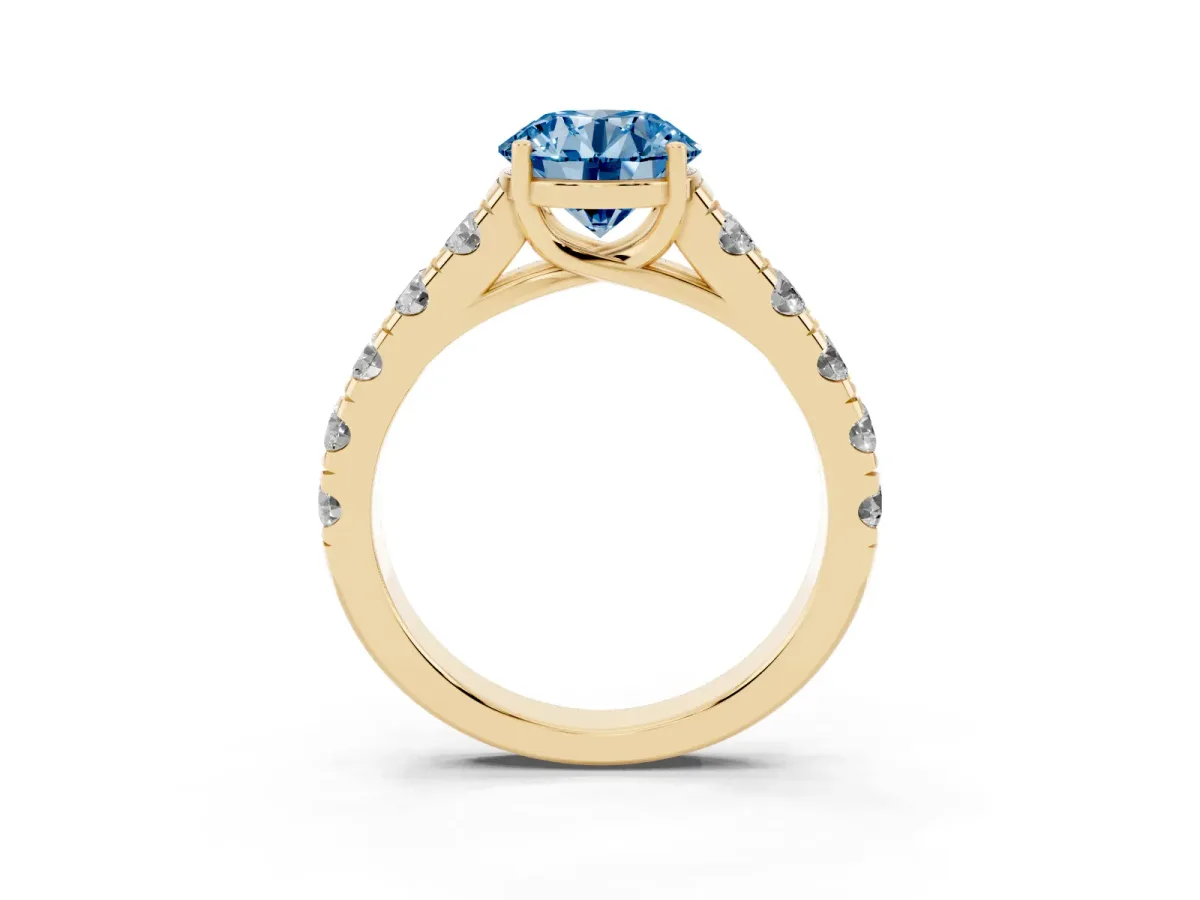 Fancy Blue Round Cut Cut Diamond Solitaire Ring with Micro Pave Band and Prong Setting Yellow gold