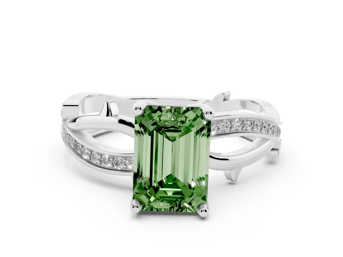 Fancy Green Emerald Cut Solitaire Twist Band with Pavé Accents and Four-Prong Setting Silver
