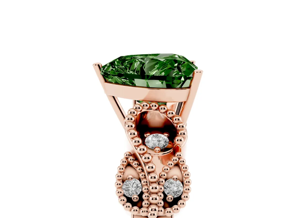 Fancy Green Heart Cut Solitaire Milgrain Leaf Band with Prong Setting Rose gold
