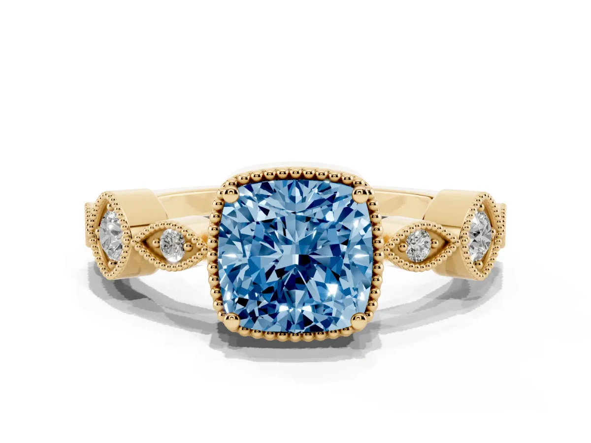 Fancy Blue Cushion Cut Diamond Vintage Milgrain Ring with Round Stations Yellow gold