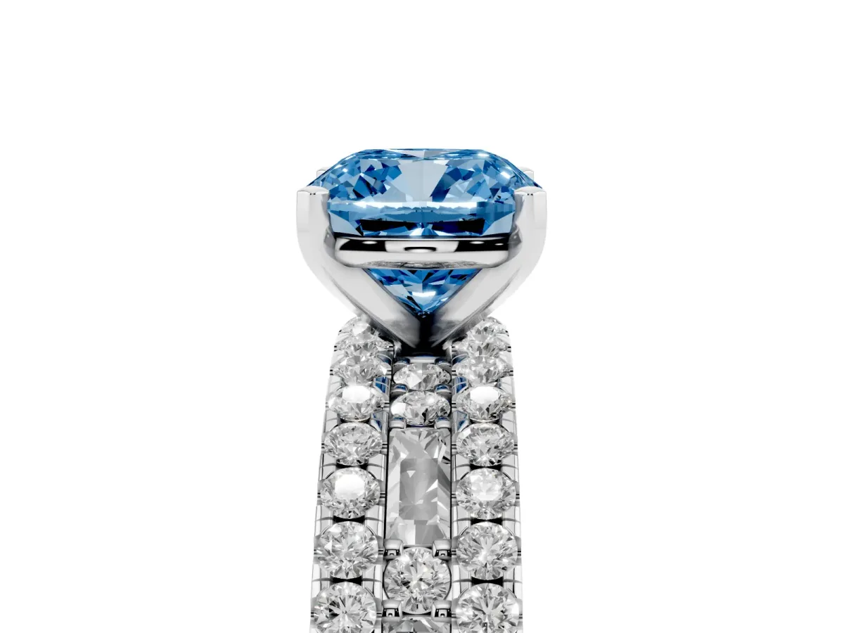 Fancy Blue Cushion Cut Diamond Solitaire Ring with Pavé and Channel Set Band Silver