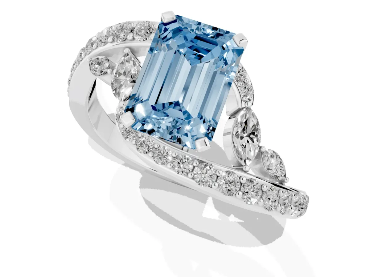 Fancy Blue Emerald Cut Solitaire with Pavé Twist Band and Four-Prong Setting Silver
