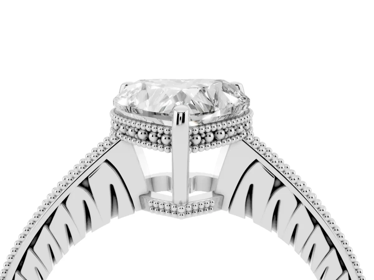 Heart Cut Solitaire Pavé Diamond Milgrain Engagement Ring with Four-Prong Setting Silver