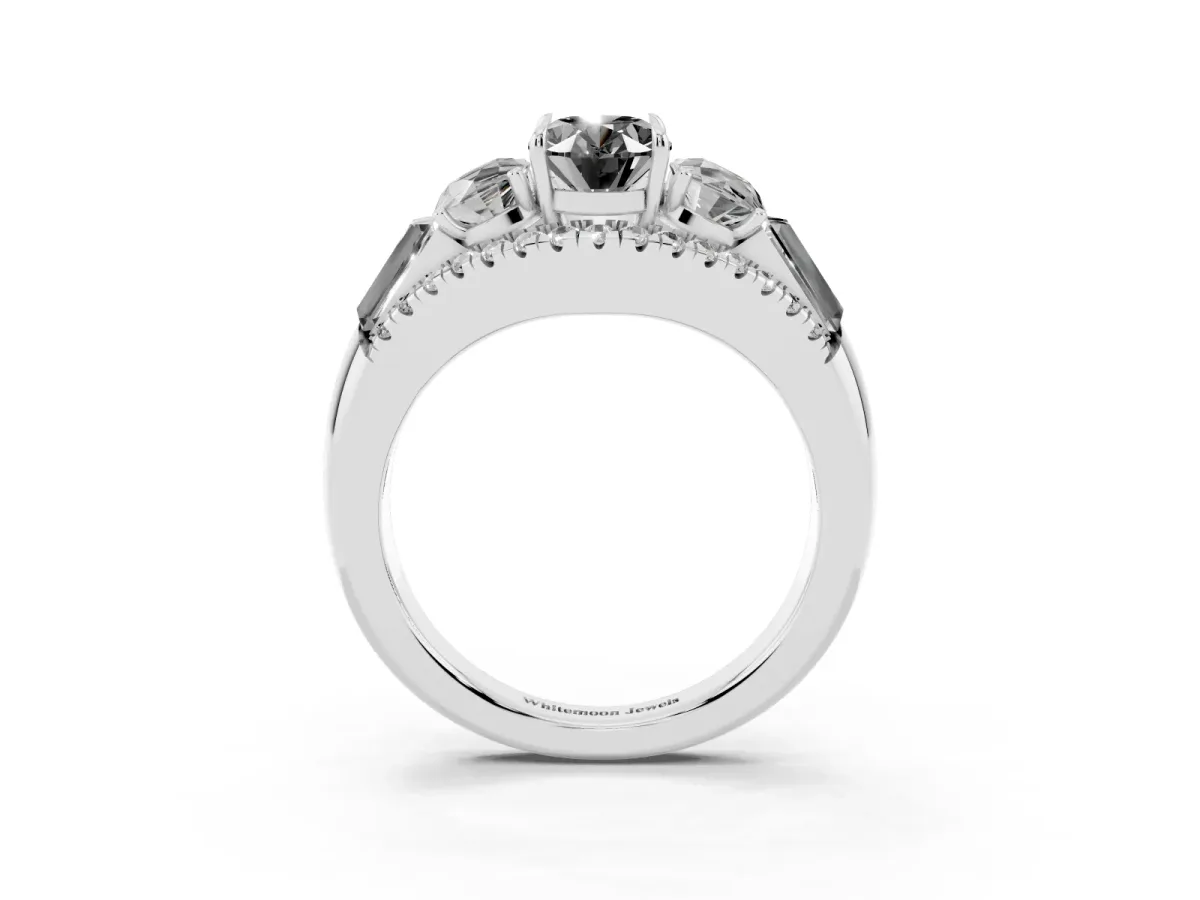 Fancy Black Three-Stone Oval Cut Diamond Engagement Ring with Pave Band and Prong Setting Silver