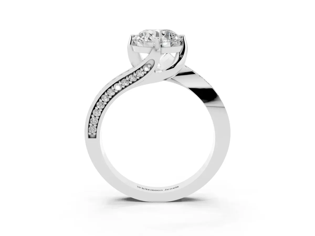 Round Cut Solitaire Diamond Twist Band with Pavé Setting and Four-Prong Setting Silver