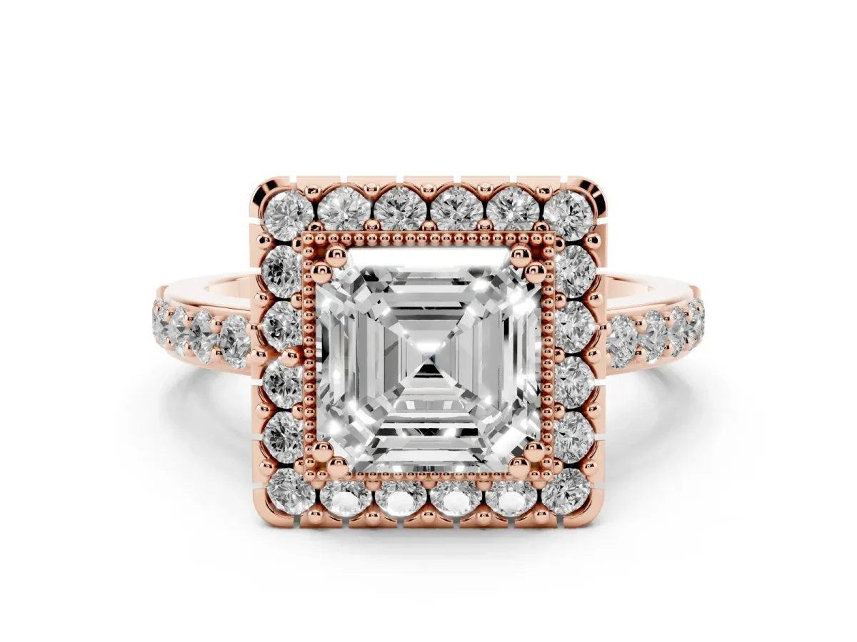 Asscher Cut Diamond Halo Ring with Pavé Band and Prong Setting Rose gold