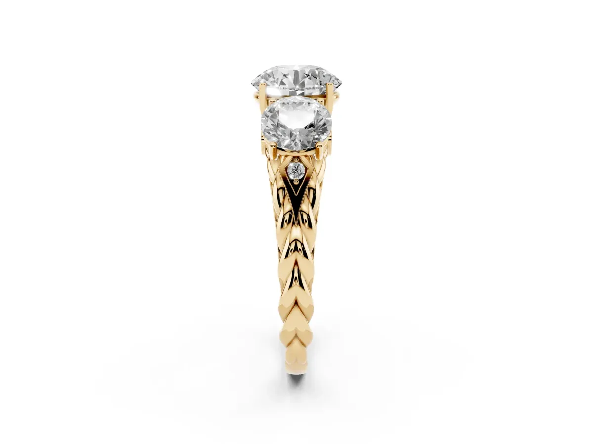 Three-Stone Round Cut Diamond Braided Band Ring with Four-Prong Setting Yellow gold