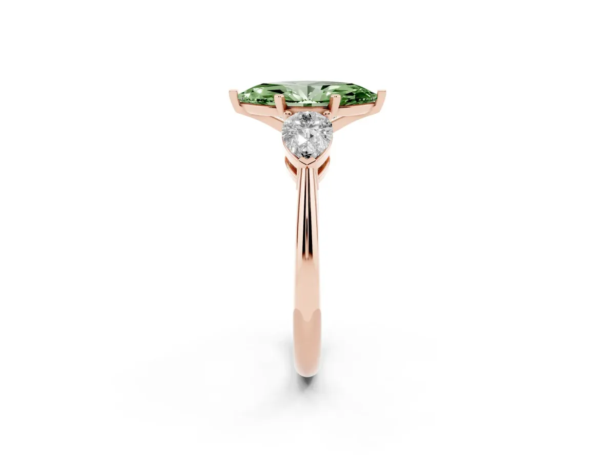 Fancy Green Three-Stone Marquise Cut Diamond Ring with Pear Side Stones and Four-Prong Setting Rose gold