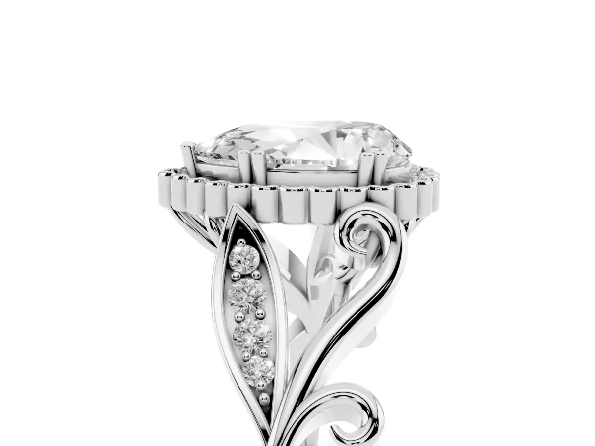 Pear Cut Diamond Halo Ring with Vintage Split Shank and Four-Prong Setting Platinum