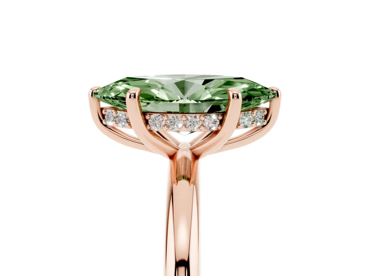 Fancy Green Marquise Cut Diamond Solitaire Ring with Thin Band and Four-Prong Setting Rose gold