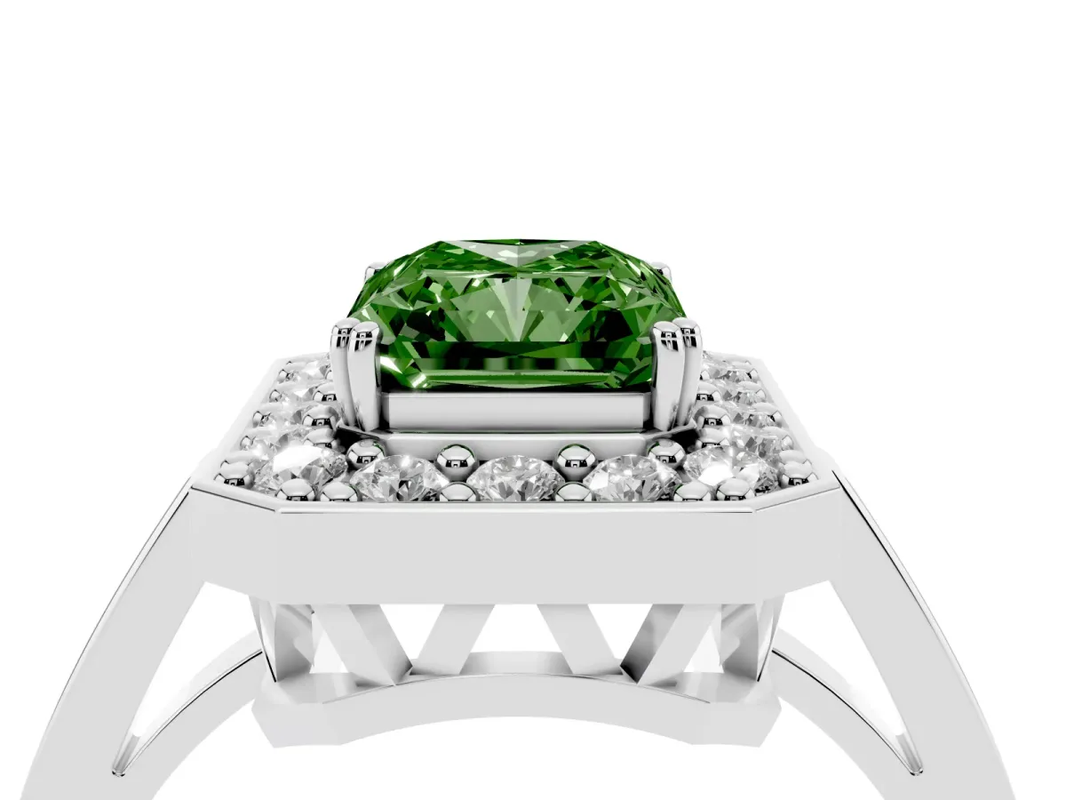 Fancy Green Radiant Cut Diamond Halo Ring with Split Shank and Four-Prong Setting Silver