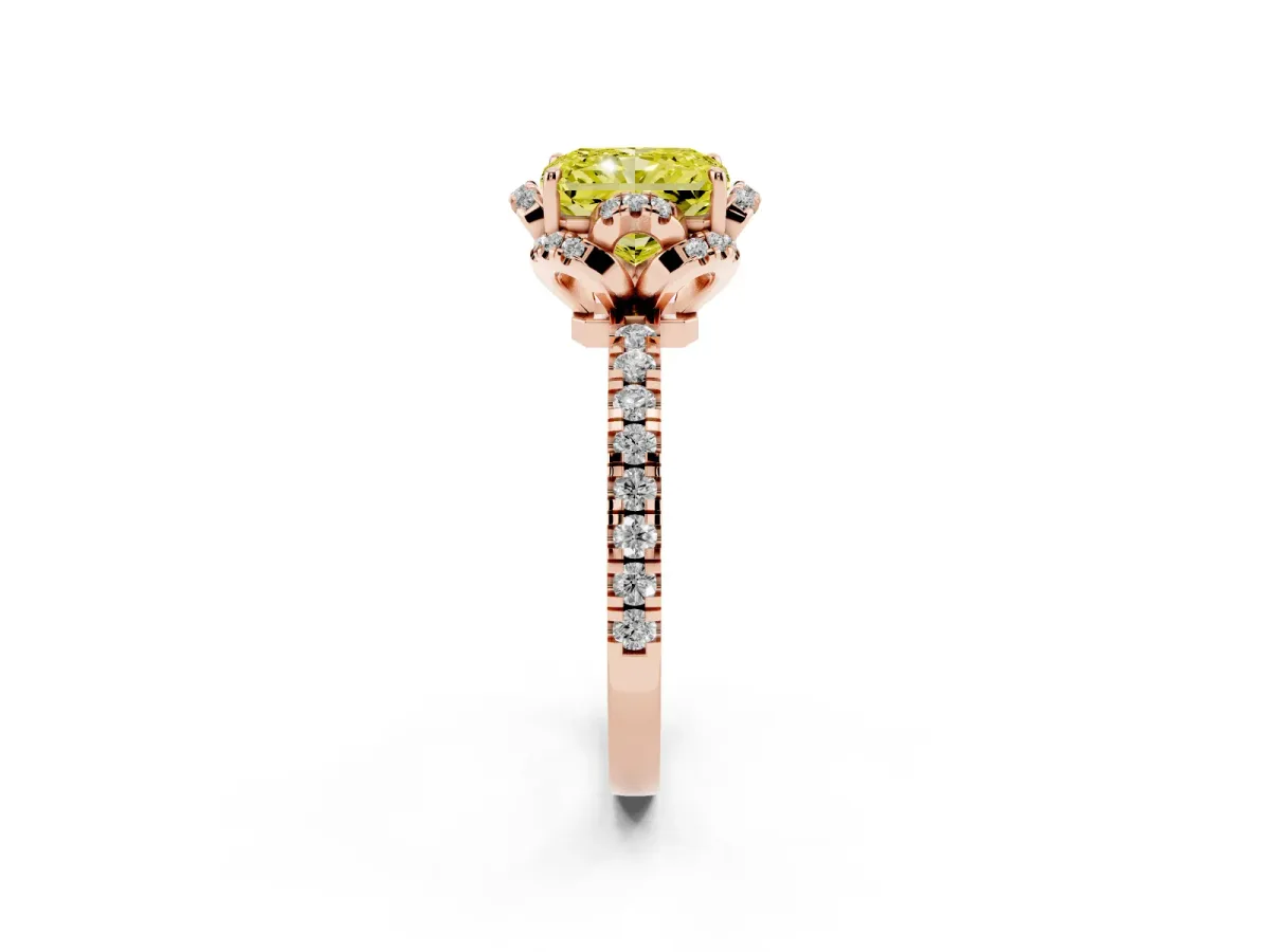 Fancy Yellow Radiant Cut Diamond Halo Pave Band with Four-Prong Setting Rose gold