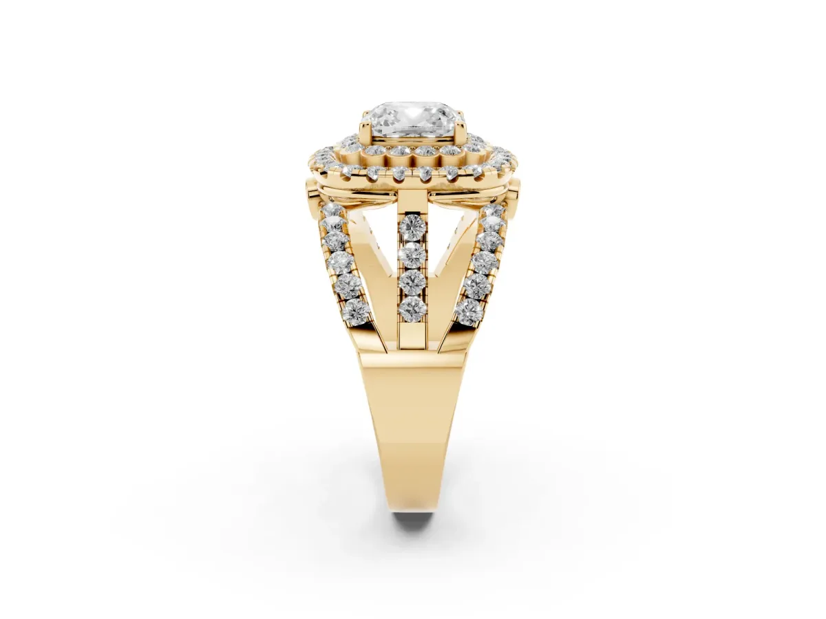 Cushion Cut Diamond Double Halo Ring with Round Pavé Split Shank and Prong Setting Yellow gold