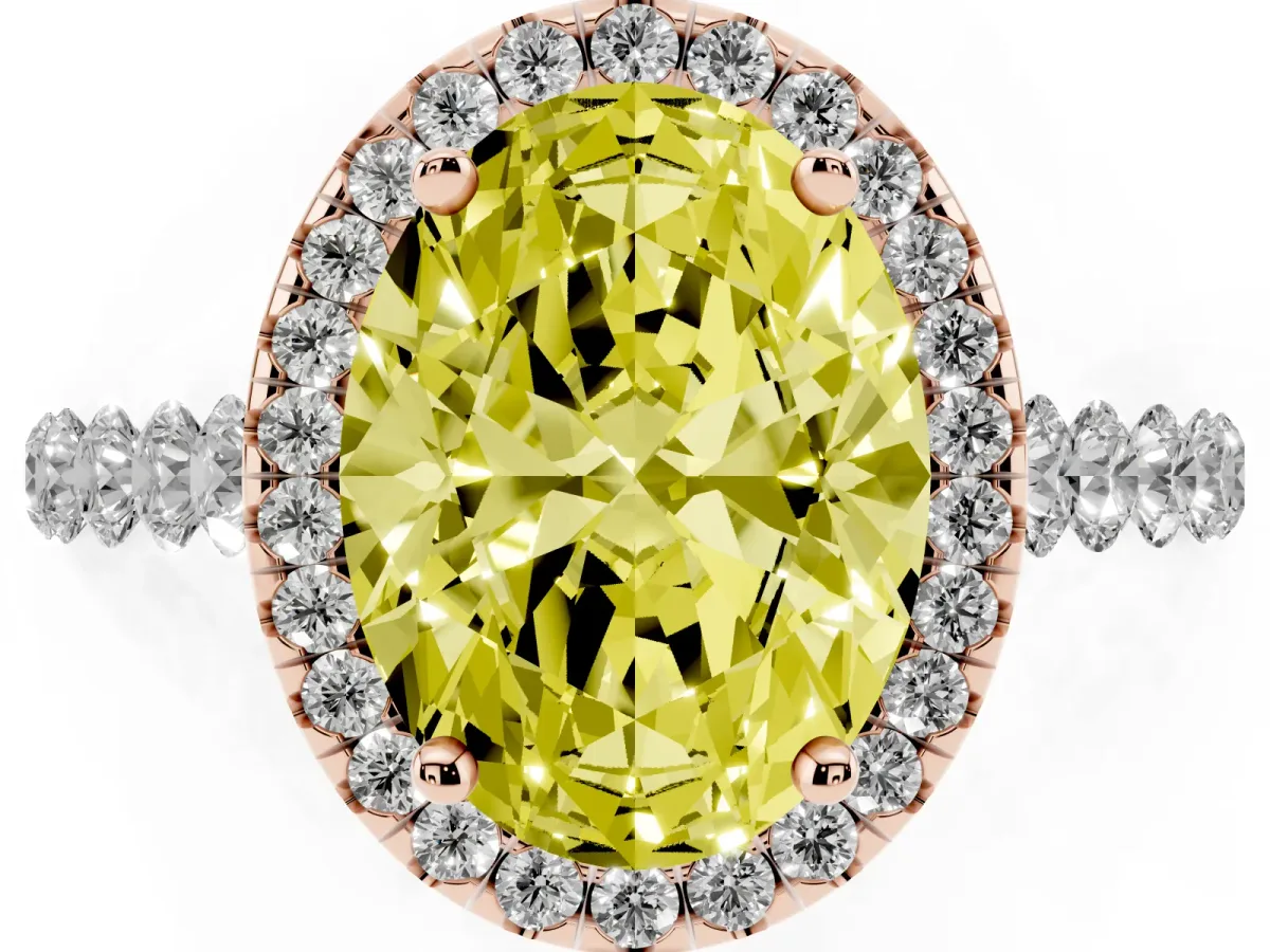 Fancy Yellow Oval Cut Halo Pavé Diamond Engagement Ring with Four-Prong Setting Rose gold