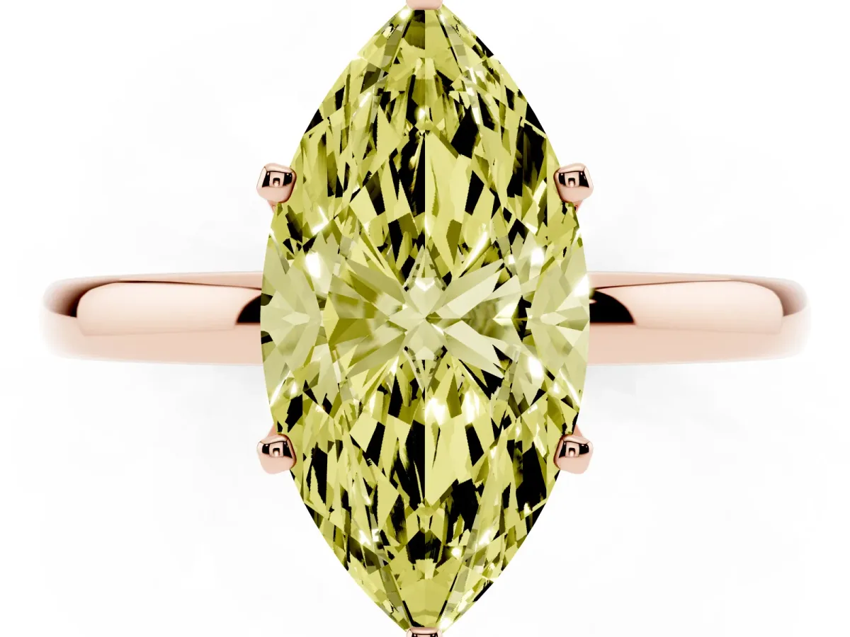 Fancy Yellow Marquise Cut Solitaire Diamond Ring with Six-Prong Setting on a Classic Band Rose gold