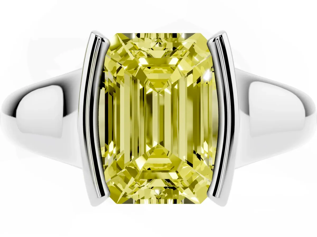 Fancy Yellow Emerald Cut Solitaire Tension Set Diamond Ring with Split Shank Band Silver
