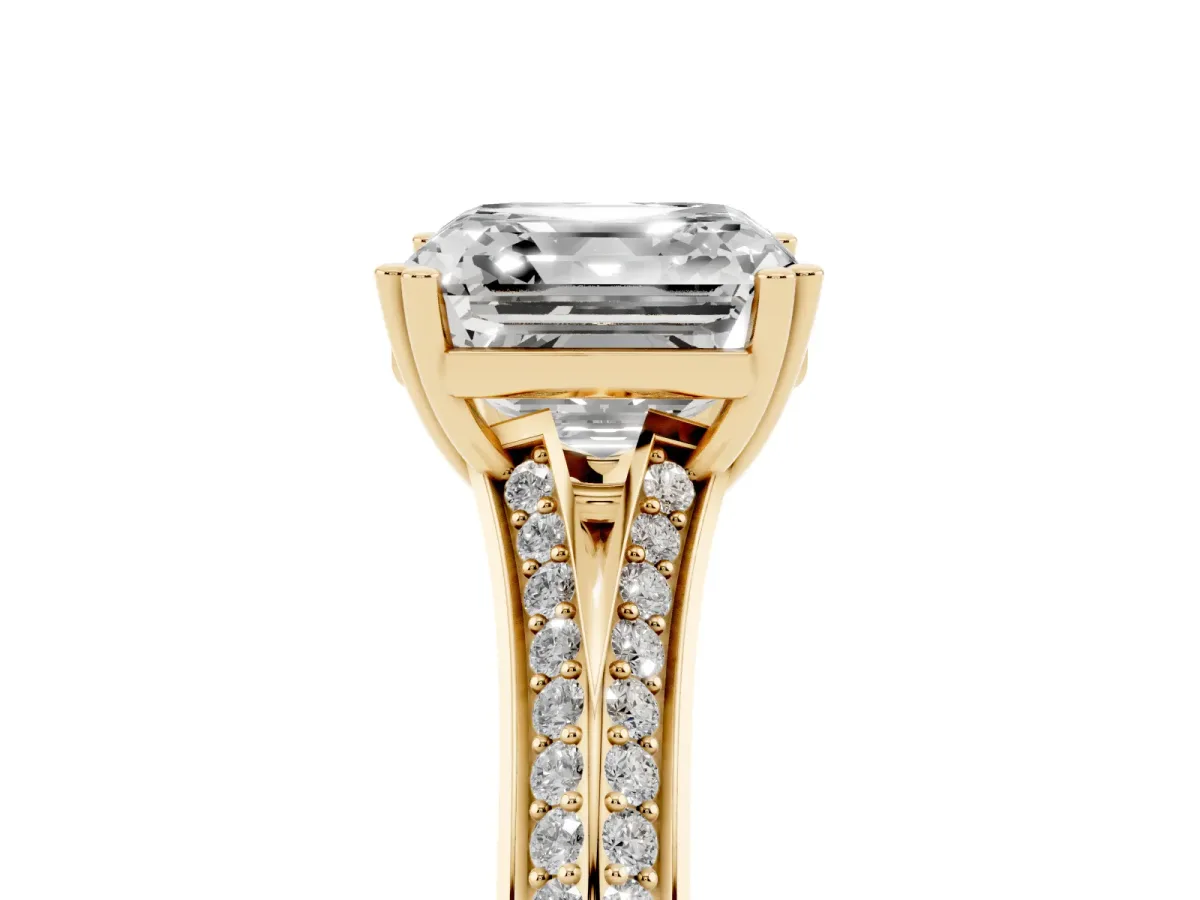 Asscher Cut Diamond Split Shank Engagement Ring with Pavé Band Yellow gold