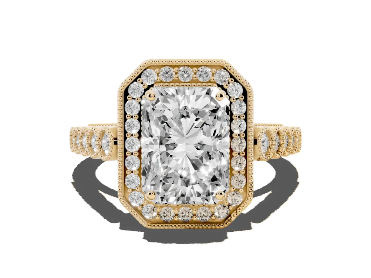Radiant Cut Halo Milgrain Solitaire with Bezel Set Side Stones and Pave Band Yellow gold