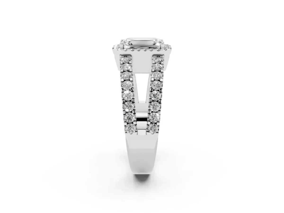 Emerald Cut Cut Halo Split Shank Diamond Ring with Four-Prong Setting Platinum