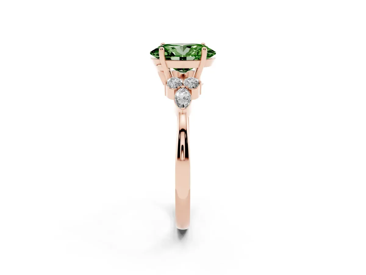 Fancy Green Oval Cut Brilliant Diamond Solitaire Ring with Pear Side Stones and Four-Prong Setting Rose gold