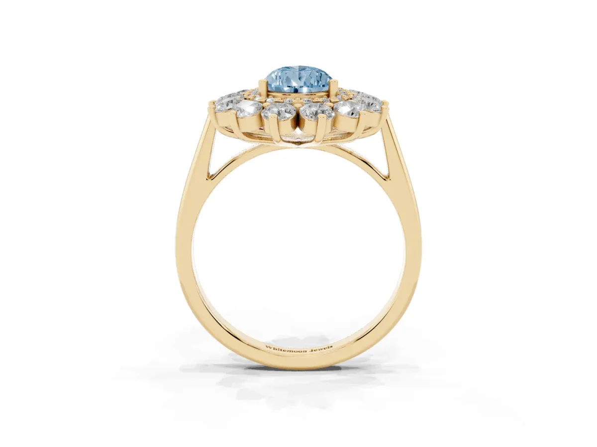 Fancy Blue Pear Cut Diamond Floral Double Halo Engagement Ring with Prong Setting Yellow gold