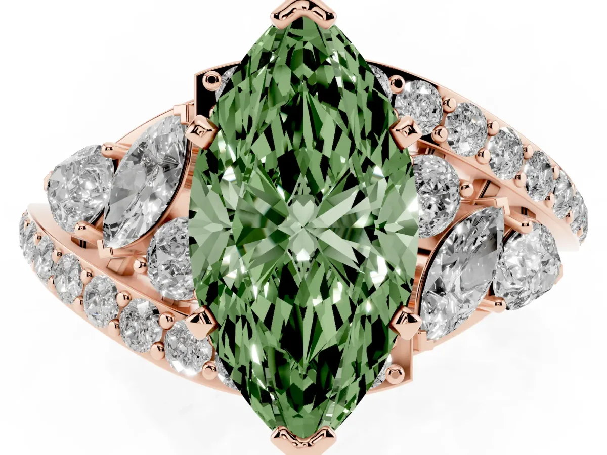 Fancy Green Marquise Cut Diamond Halo Ring with Marquise and Pavé Band in Prong Setting Rose gold