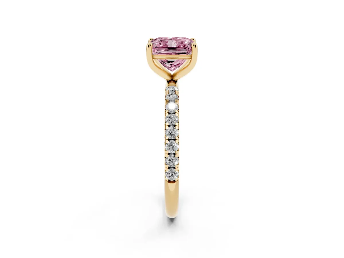 Fancy Pink Princess Cut Cut Diamond Solitaire Ring with Micro Pave Band and Four Prong Setting Yellow gold