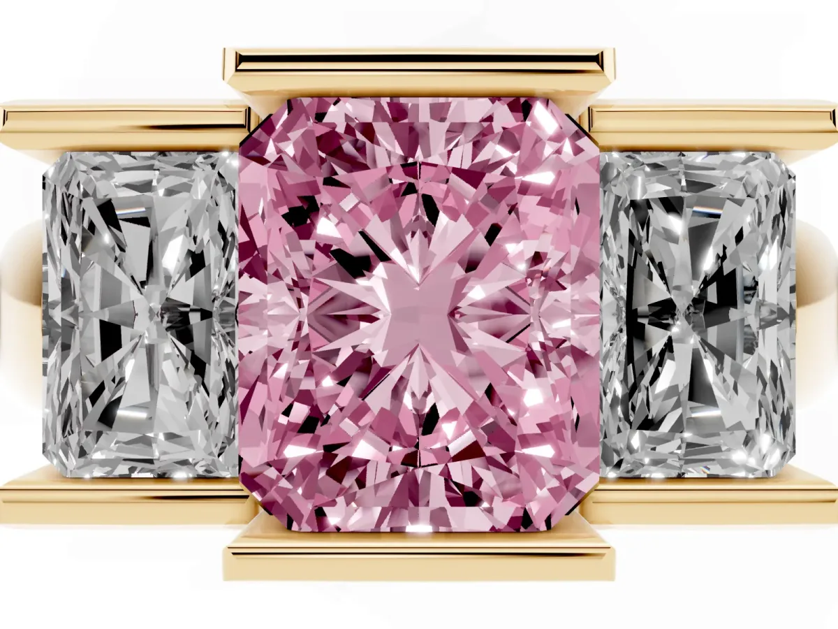 Fancy Pink Three Stone Radiant Cut Cut Channel Set Diamond Ring Yellow gold