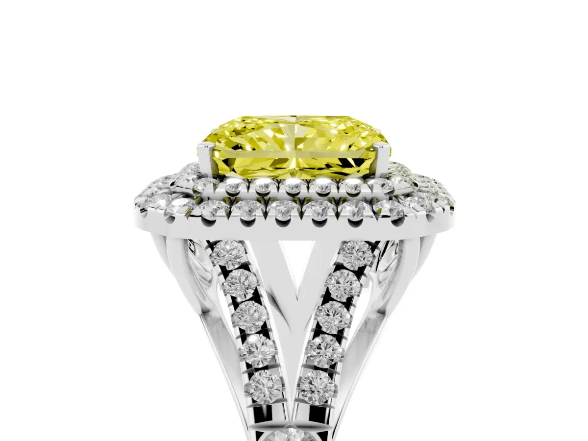 Fancy Yellow Radiant Cut Diamond Pavé Split Shank Double Halo Engagement Ring Silver