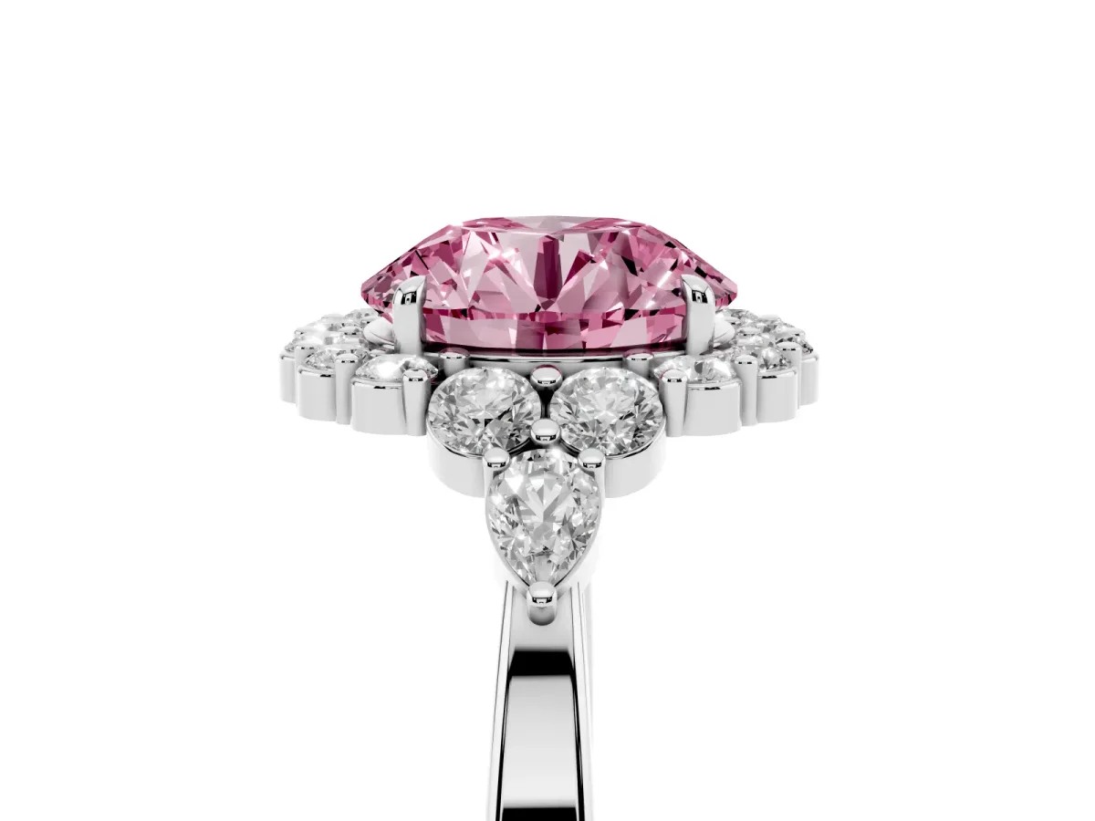 Fancy Pink Round Cut Diamond Halo Ring with Pear Side Stones and Prong Setting Silver