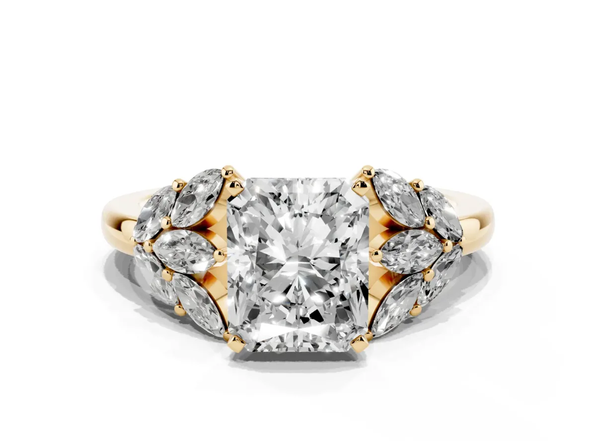 Radiant Cut Diamond Cluster Leaf Design Ring with Prong Setting Yellow gold