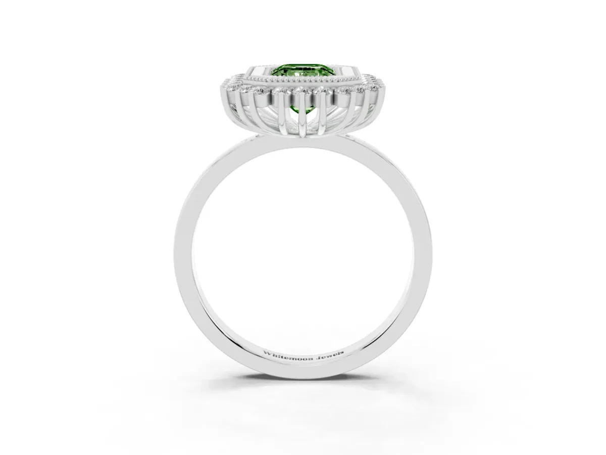 Fancy Green Emerald Cut Halo Diamond Ring with Milgrain Edge and Round Prong Setting Silver