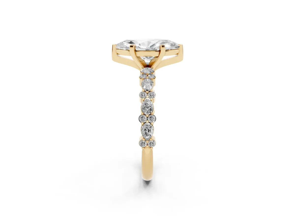 Marquise Cut Diamond Side Stone Solitaire Ring with Round and Four-Prong Setting Yellow gold