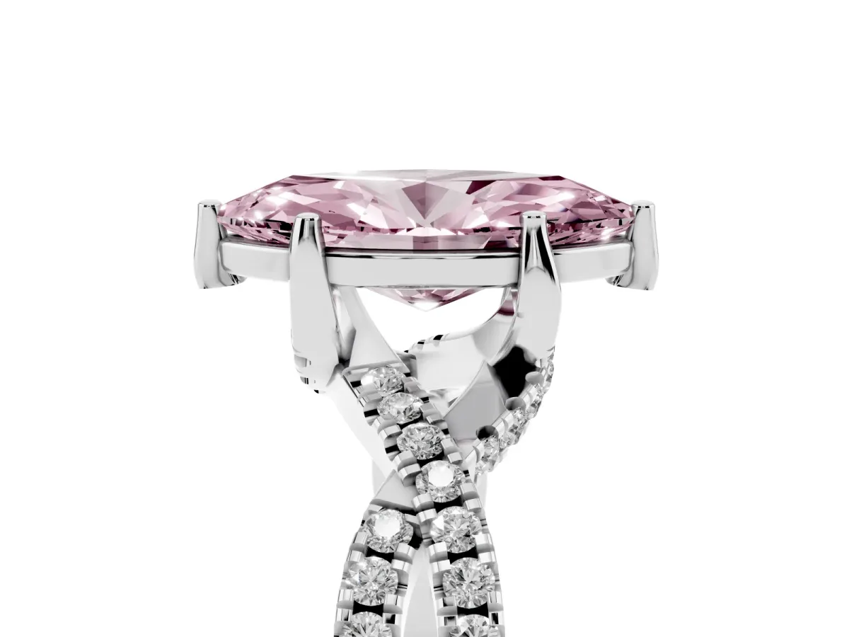 Fancy Pink Marquise Cut Solitaire Twist Pave Diamond Engagement Ring with Prong Setting Silver