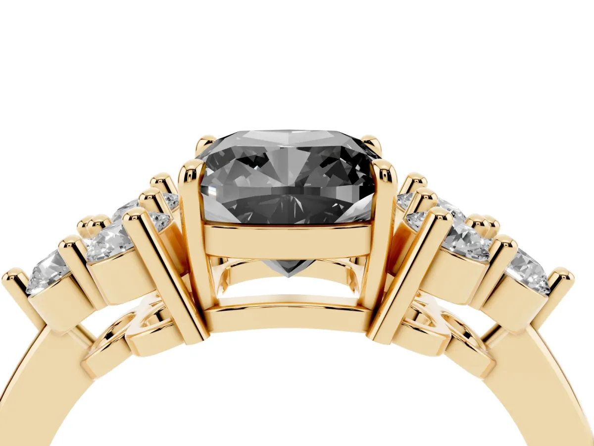 Fancy Black Cushion Cut Brilliant Diamond Cluster Accent Solitaire Ring with Prong Setting Yellow gold