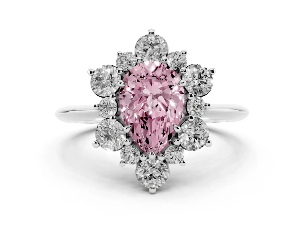 Fancy Pink Pear Cut Diamond Cluster Halo Ring with Solitaire Band and Four-Prong Setting Silver