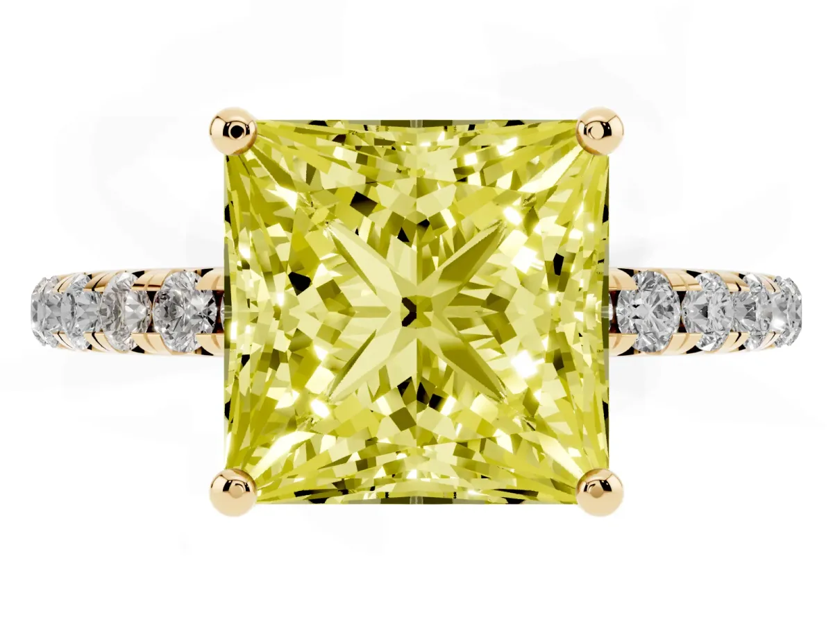 Fancy Yellow Princess Cut Cut Diamond Solitaire Ring with Micro Pave Band and Four Prong Setting Yellow gold
